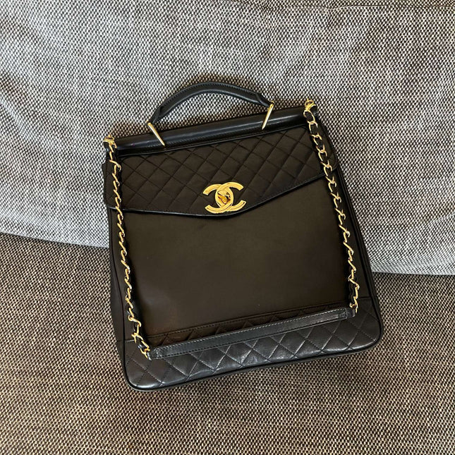 CHANEL 26S TOP HANDLE SHOPPING BAG 34 IN BLACK LAMBSKIN GOLD HARDWARE