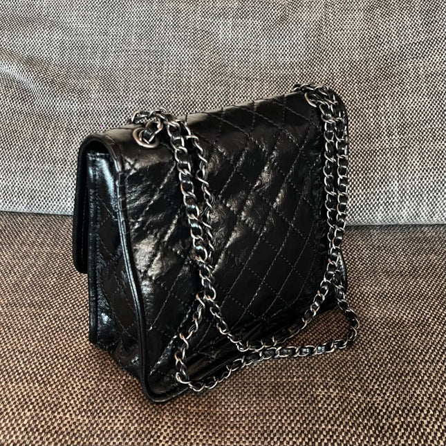CHANEL 26S CLASSIC FLAP BAG 26 IN BLACK AGED CRINKLED CALFSKIN DARK SILVER HARDWARE