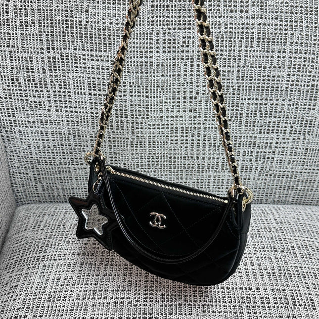 CHANEL 26S STAR CHARM HALF MOON SHOULDER BAG 20 IN BLACK SATIN GOLD HARDWARE