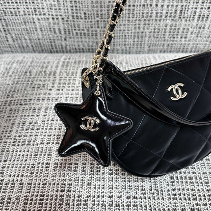 CHANEL 26S STAR CHARM HALF MOON SHOULDER BAG 20 IN BLACK SATIN GOLD HARDWARE