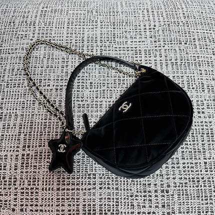 CHANEL 26S STAR CHARM HALF MOON SHOULDER BAG 20 IN BLACK SATIN GOLD HARDWARE