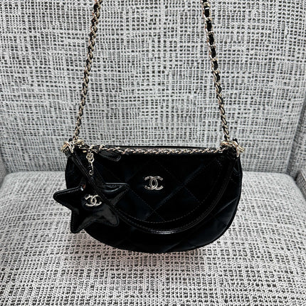 CHANEL 26S STAR CHARM HALF MOON SHOULDER BAG 20 IN BLACK SATIN GOLD HARDWARE