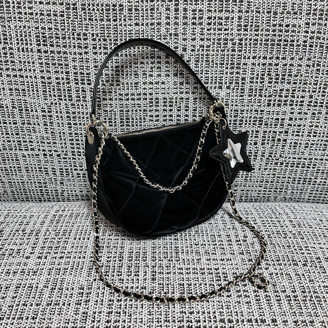 CHANEL 26S STAR CHARM HALF MOON SHOULDER BAG 20 IN BLACK SATIN GOLD HARDWARE