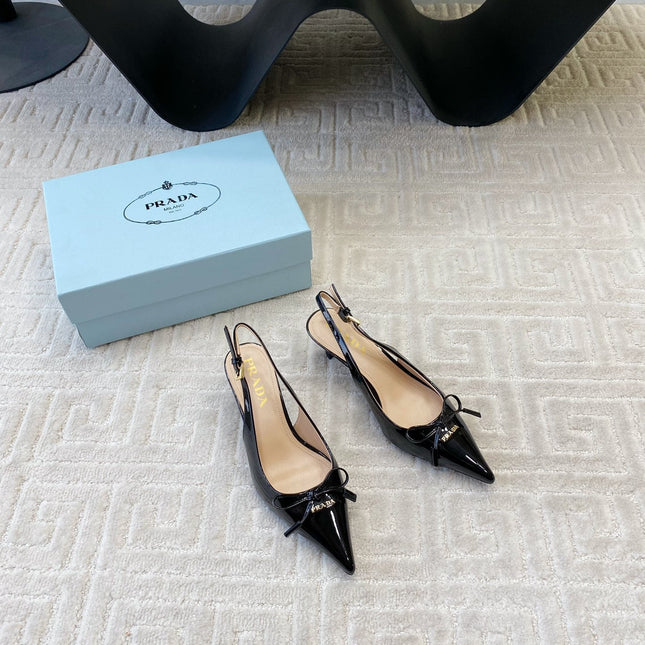 SLINGBACK PUMPS ATTACHED BOW IN BLACK GLOSSY CALFSKIN