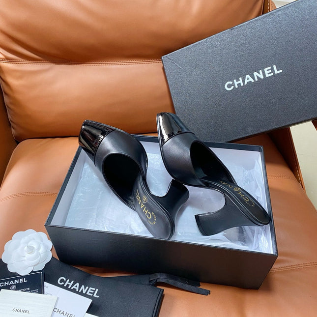 CHANEL 26S HIGH-HEEL MULES 90 MM IN BLACK LAMBSKIN