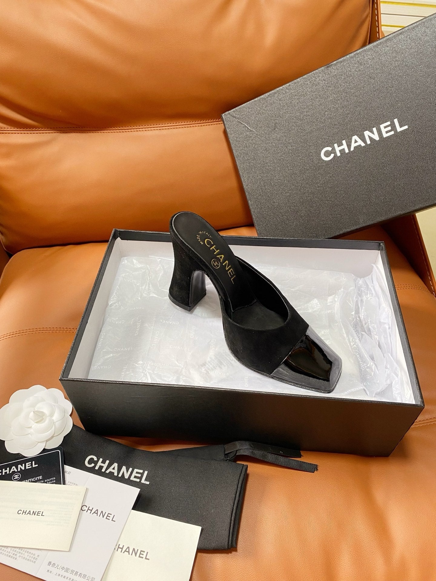 CHANEL 26S HIGH-HEEL MULES 90 MM IN BLACK SUEDE AND LAMBSKIN