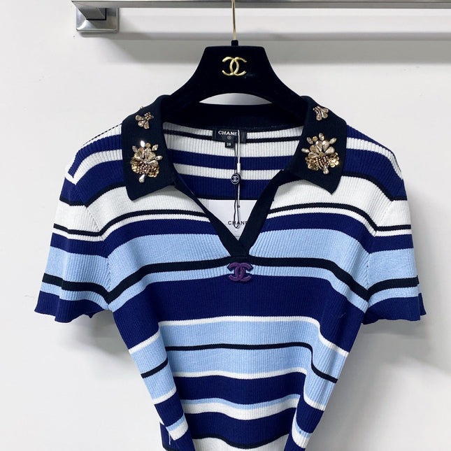 CHANEL 26S EMBELLISHED KNIT POLO TOP 1470