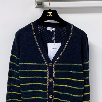 CHANEL 26S STRIPED V-NECK KNIT CARDIGAN 1520