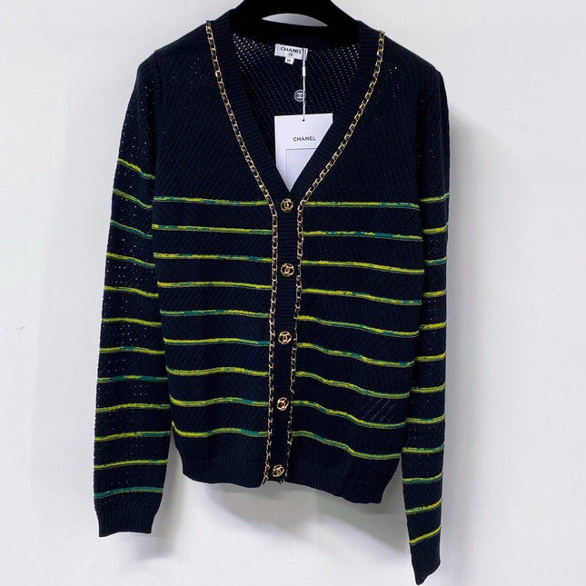 CHANEL 26S STRIPED V-NECK KNIT CARDIGAN 1520