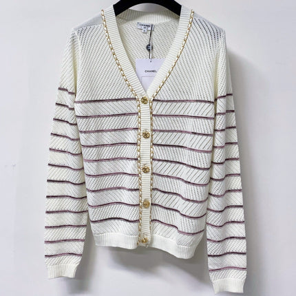 CHANEL 26S STRIPED V-NECK KNIT CARDIGAN 1519