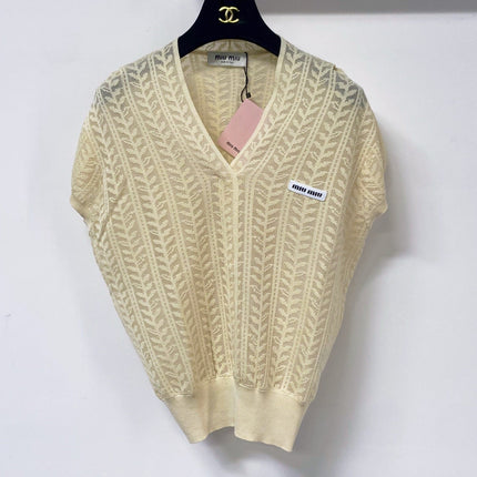 MIUMIU 26S V-NECK SHORT-SLEEVE KNIT TOP 1281