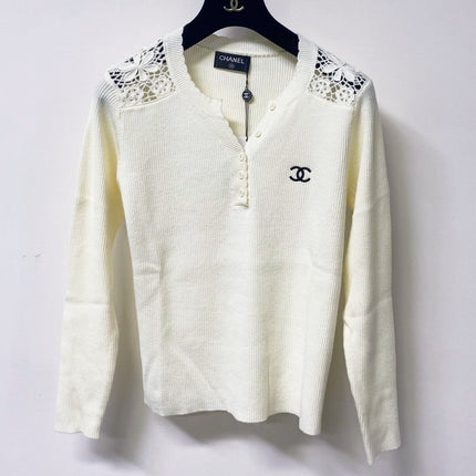 CHANEL 26S LACE-SHOULDER RIBBED KNIT HENLEY TOP 1674
