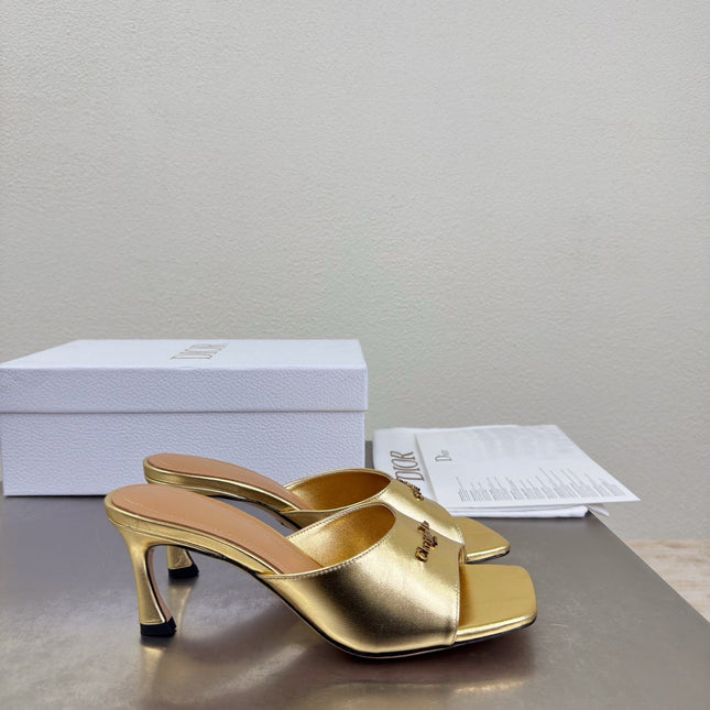 DIOR 26S KITTEN HEEL MULE SANDALS IN GOLD CALFSKIN WITH LOGO