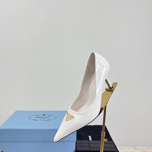 PRADA 26S POINTED TOE PUMPS 75MM IN WHITE PATENT CALFSKIN