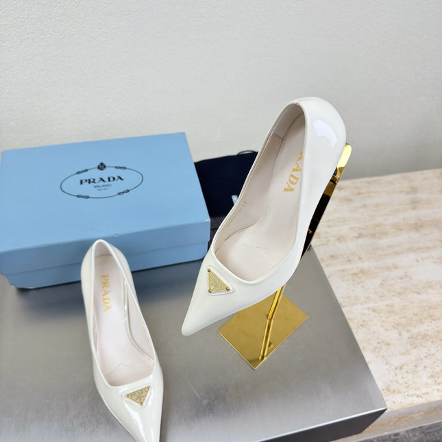 PRADA 26S POINTED TOE PUMPS 75MM IN WHITE PATENT CALFSKIN