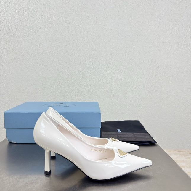 PRADA 26S POINTED TOE PUMPS 75MM IN WHITE PATENT CALFSKIN