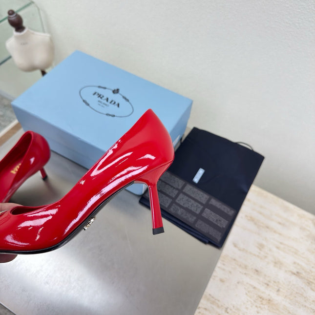 PRADA 26S POINTED TOE PUMPS 75MM IN RED PATENT CALFSKIN