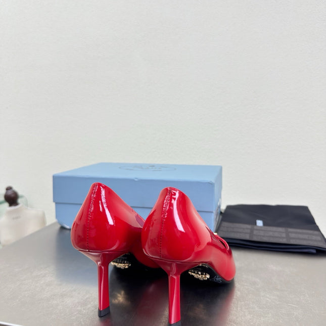 PRADA 26S POINTED TOE PUMPS 75MM IN RED PATENT CALFSKIN
