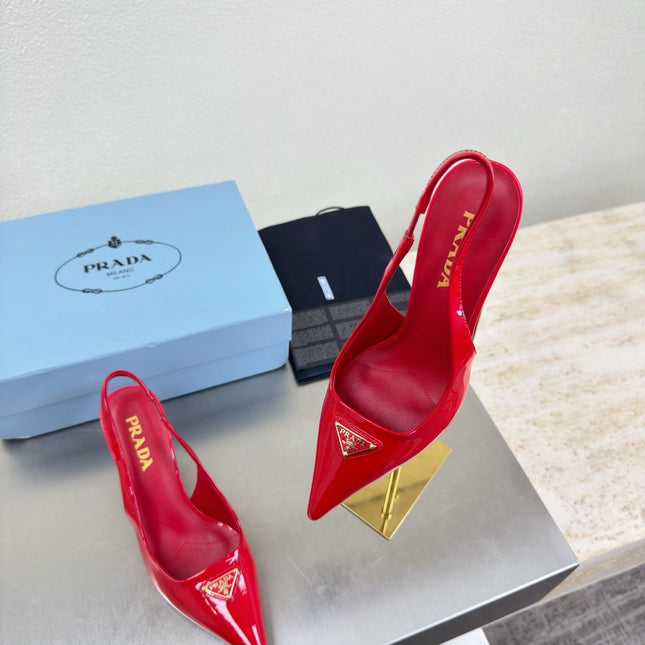 PRADA 26S SLINGBACK POINTED HEELS 75MM IN RED PATENT CALFSKIN