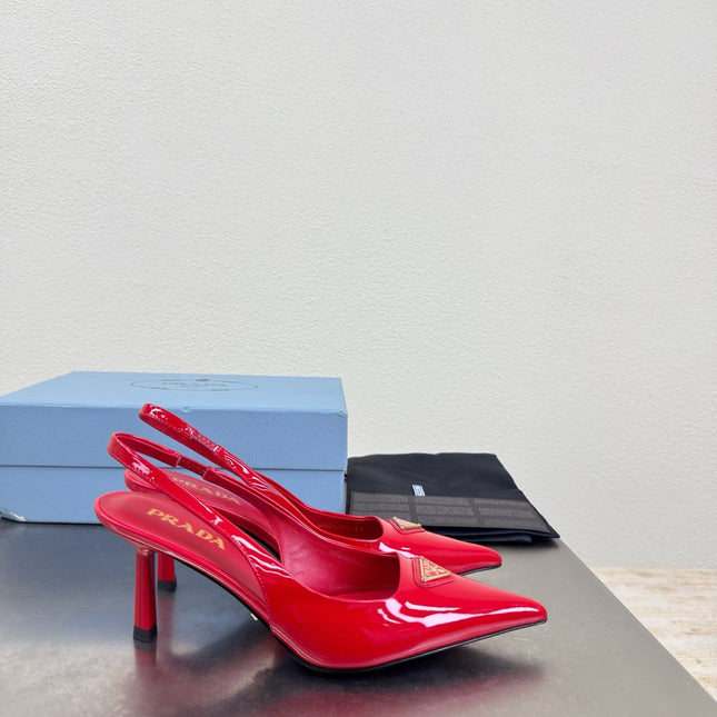 PRADA 26S SLINGBACK POINTED HEELS 75MM IN RED PATENT CALFSKIN