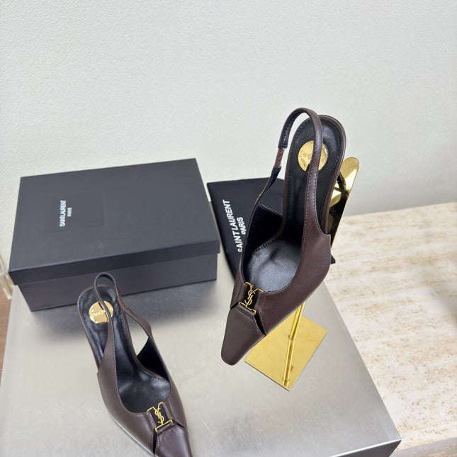 YSL 26S SLINGBACK HIGH HEELS 105 MM IN DARK BROWN CALFSKIN