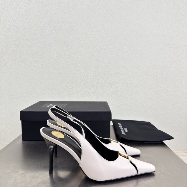 YSL 26S SLINGBACK HIGH HEELS 105 MM IN CREAM WHITE CALFSKIN