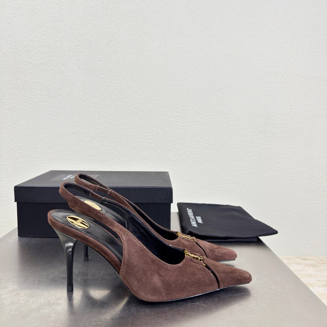 YSL 26S SLINGBACK HIGH HEELS 105 MM IN DARK BROWN SUEDE