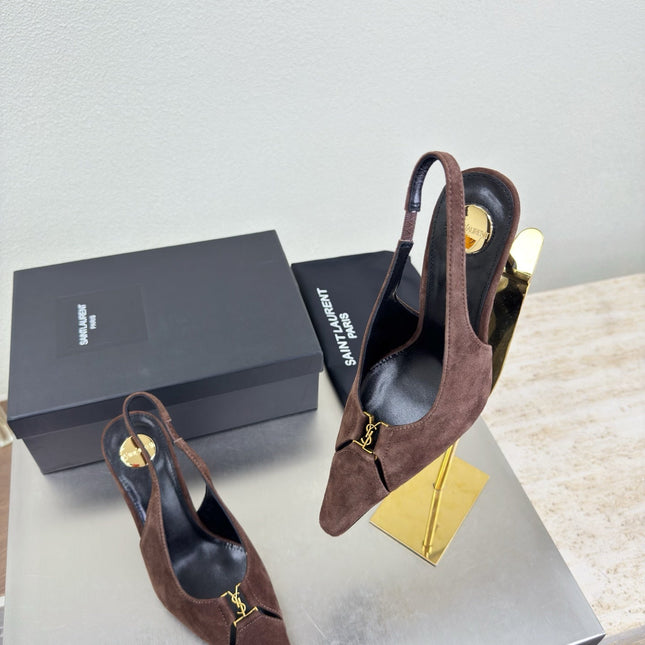 YSL 26S SLINGBACK HIGH HEELS 105 MM IN DARK BROWN SUEDE