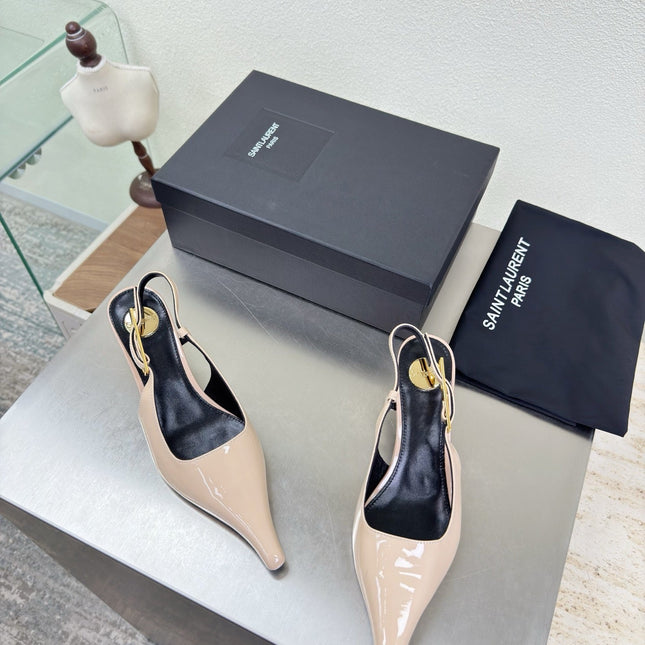 YSL 26S SLINGBACK HIGH HEELS 75 MM IN NUDE BEIGE GLOSSY CALFSKIN