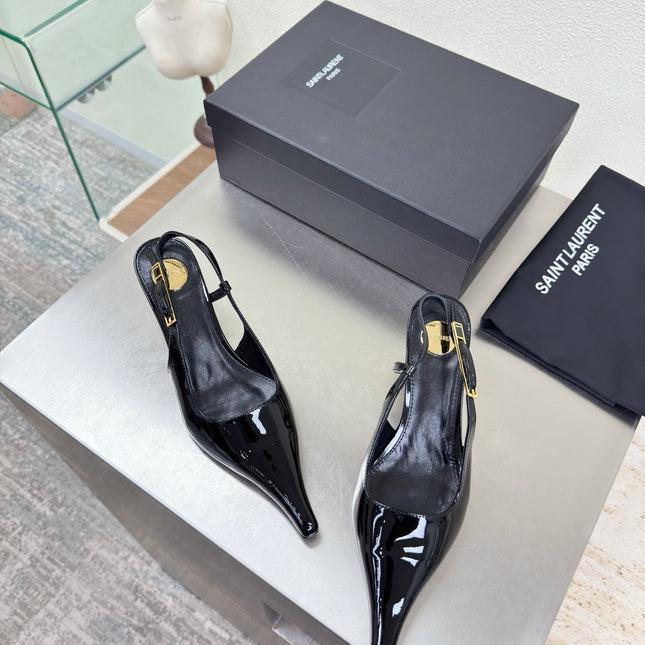 YSL 26S SLINGBACK HIGH HEELS 75 MM IN BLACK GLOSSY CALFSKIN