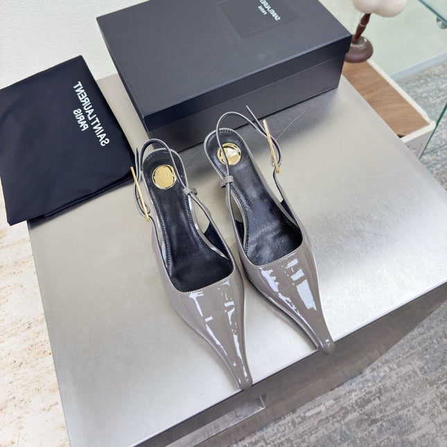 YSL 26S SLINGBACK HIGH HEELS 75 MM IN GREY GLOSSY CALFSKIN