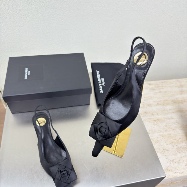 YSL 26S SLINGBACK HIGH HEELS 55 MM IN BLACK SATIN