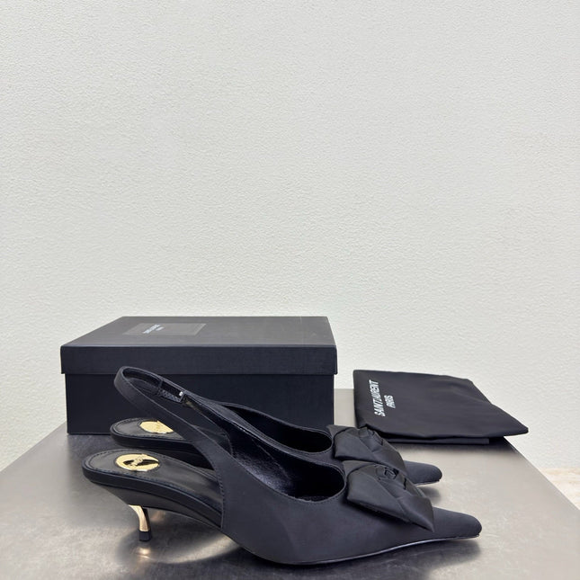 YSL 26S SLINGBACK HIGH HEELS 55 MM IN BLACK SATIN