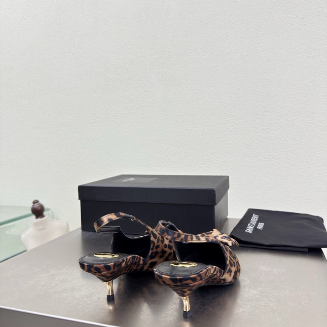 YSL 26S SLINGBACK HIGH HEELS 55 MM IN LEOPARD PRINT SATIN