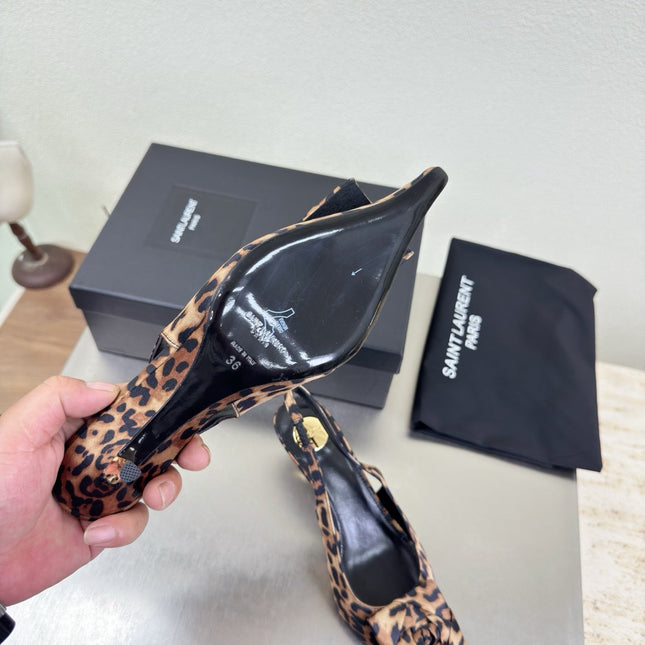 YSL 26S SLINGBACK HIGH HEELS 55 MM IN LEOPARD PRINT SATIN