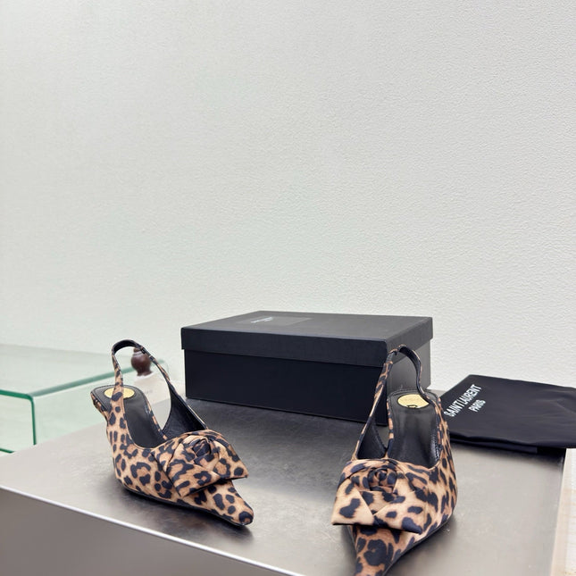 YSL 26S SLINGBACK HIGH HEELS 55 MM IN LEOPARD PRINT SATIN