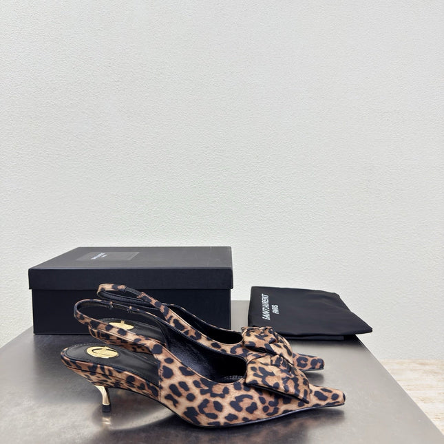YSL 26S SLINGBACK HIGH HEELS 55 MM IN LEOPARD PRINT SATIN