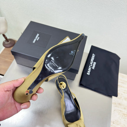 YSL 26S SLINGBACK HIGH HEELS 55 MM IN LIGHT OLIVE GREEN SATIN