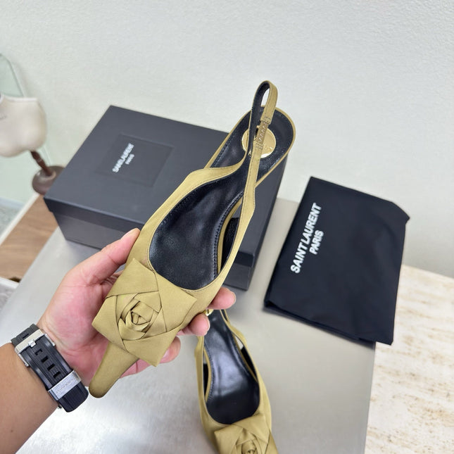 YSL 26S SLINGBACK HIGH HEELS 55 MM IN LIGHT OLIVE GREEN SATIN