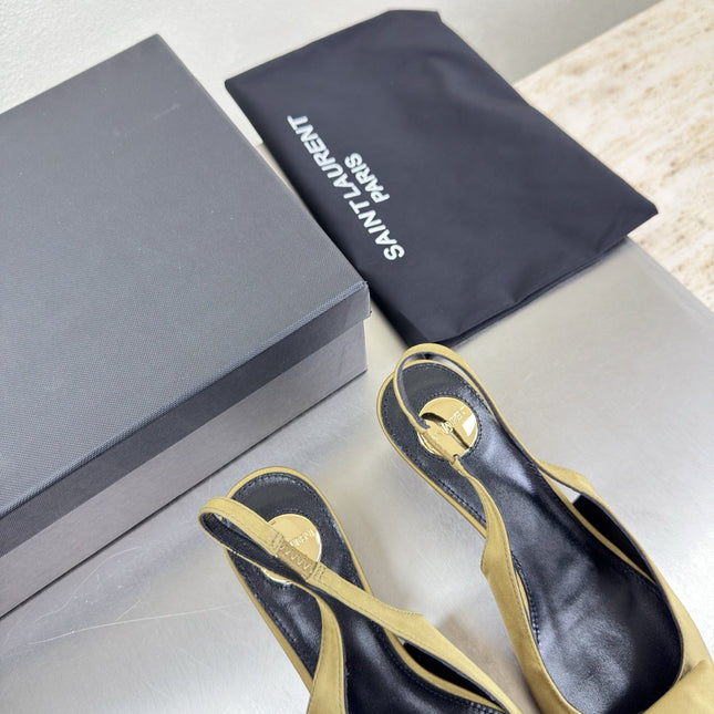 YSL 26S SLINGBACK HIGH HEELS 55 MM IN LIGHT OLIVE GREEN SATIN