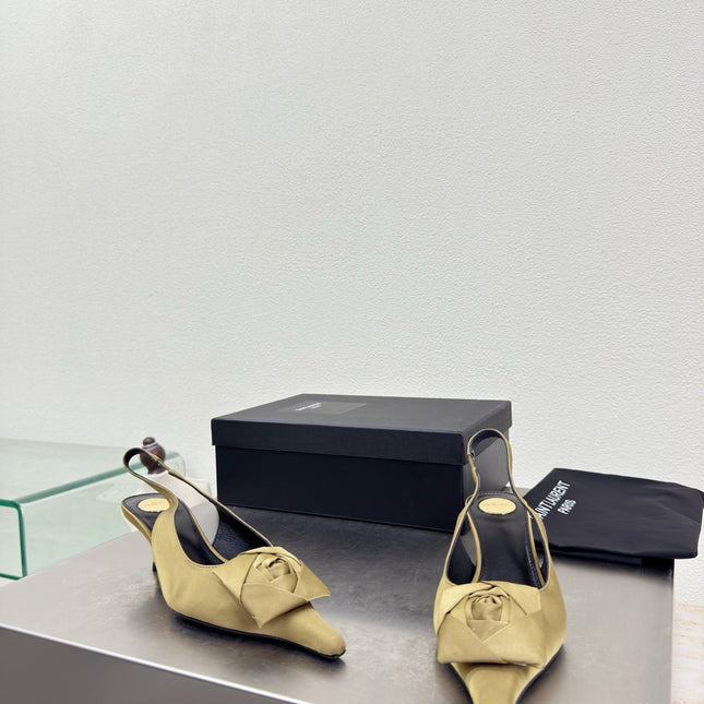 YSL 26S SLINGBACK HIGH HEELS 55 MM IN LIGHT OLIVE GREEN SATIN
