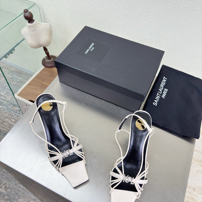YSL 26S HIGH HEEL SANDALS 85 MM IN CREAM WHITE CALFSKIN WITH RHINESTONE LOGO