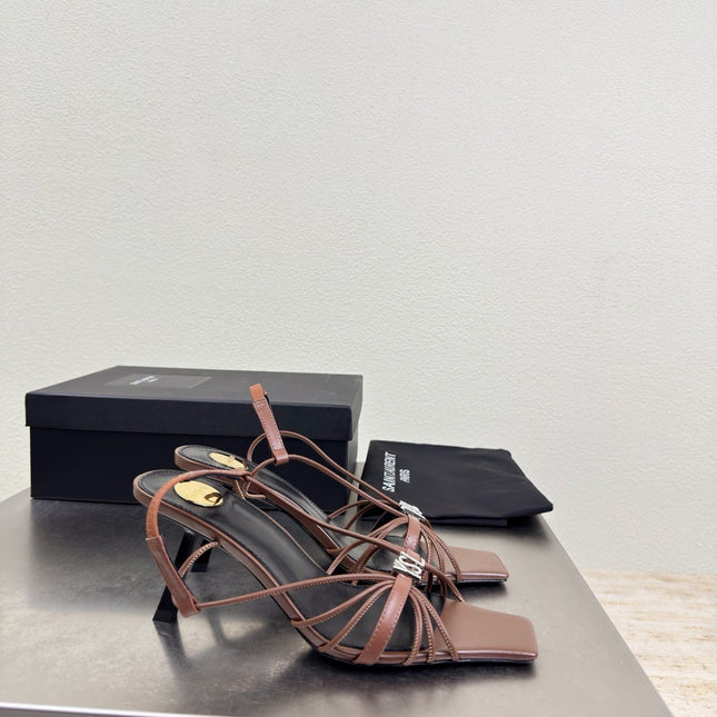 YSL 26S HIGH HEEL SANDALS 85 MM IN BROWN CALFSKIN WITH RHINESTONE LOGO
