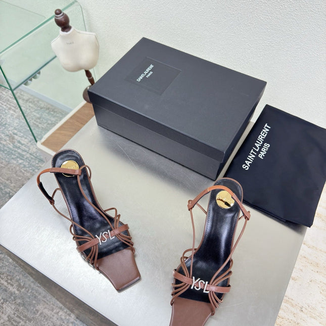YSL 26S HIGH HEEL SANDALS 85 MM IN BROWN CALFSKIN WITH RHINESTONE LOGO
