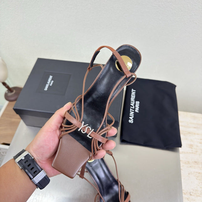 YSL 26S HIGH HEEL SANDALS 85 MM IN BROWN CALFSKIN WITH RHINESTONE LOGO
