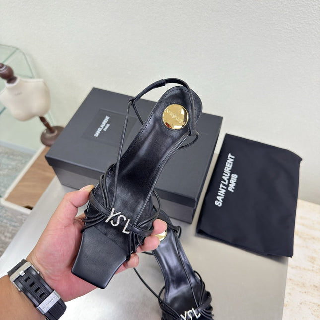 YSL 26S HIGH HEEL SANDALS 85 MM IN BLACK CALFSKIN WITH RHINESTONE LOGO