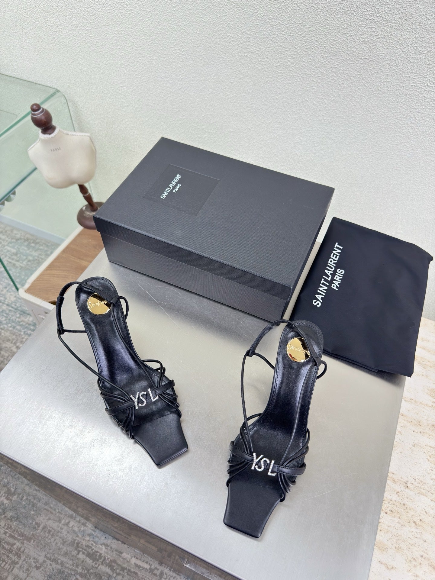 YSL 26S HIGH HEEL SANDALS 85 MM IN BLACK CALFSKIN WITH RHINESTONE LOGO