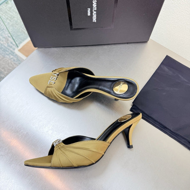 YSL 26S HIGH HEEL SANDALS 65 MM IN LIGHT OLIVE GREEN FABRIC