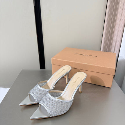 GIANVITO ROSSI 26S POINTED-TOE SANDALS 90 MM IN SILVER LAMBSKIN
