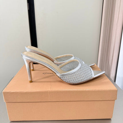 GIANVITO ROSSI 26S POINTED-TOE SANDALS 90 MM IN SILVER LAMBSKIN